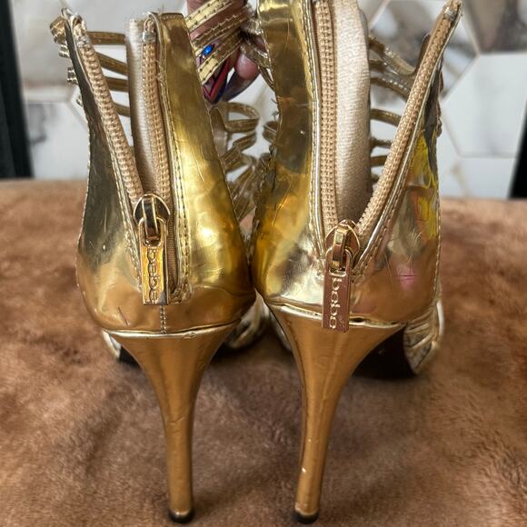 Bebe Women’s Gold/Snakeprint Stilettos High Heels Sandals Size 8 Strappy - Picture 5 of 11